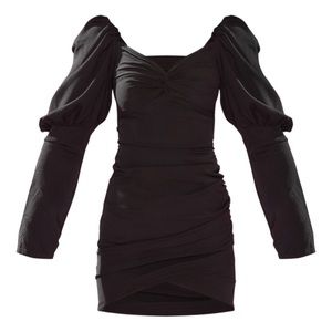 Black Puff Sleeve Twist Detail Bodycon Dress